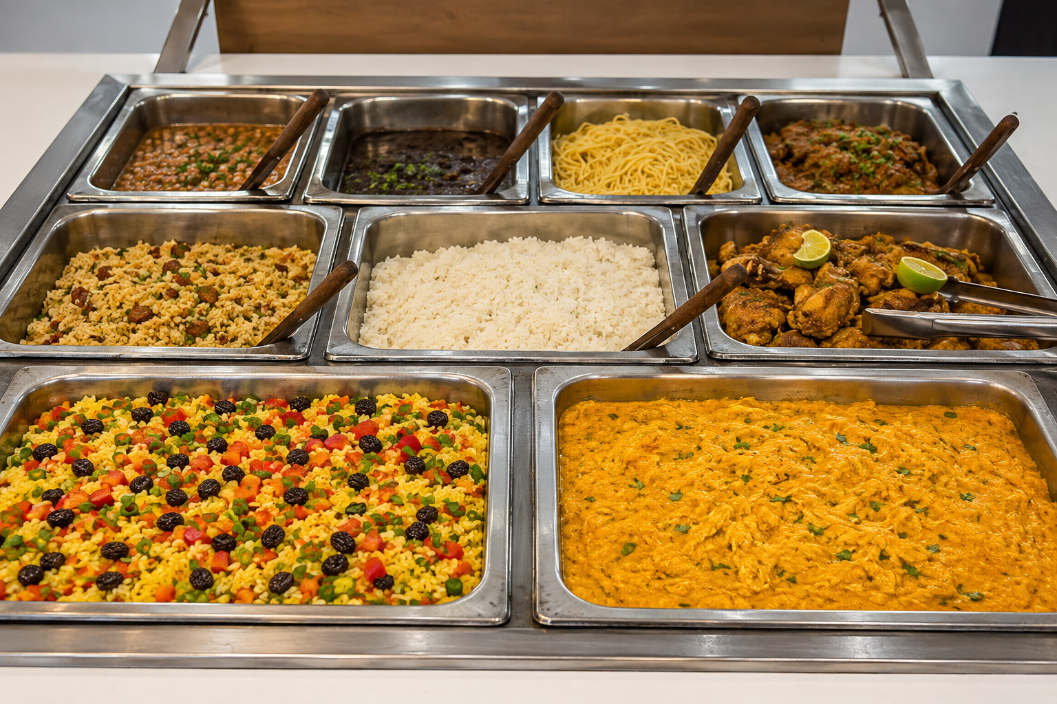 Buffet da Marmitaria Dona Ana com arroz, feijão, carnes, massas e saladas em bancada de servição
